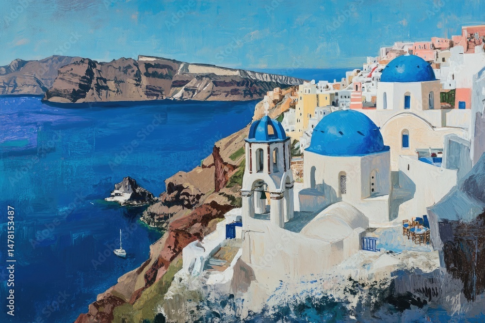 Fototapeta premium Santorini Greece Oil Painting, Whitewashed Buildings, Blue Domes, Aegean Sea View