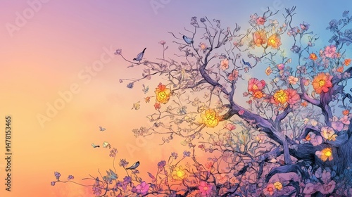 Glowing flowers, birds, butterflies on a tree, sunset.