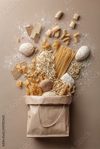 Assorted varieties of dry pasta and bread on brown background for culinary design,,National Celiac Disease Awareness Day