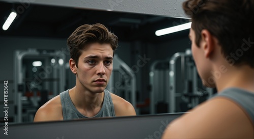 Young man looking at his reflection in the gym mirror, expressing sadness and contemplation about his body image