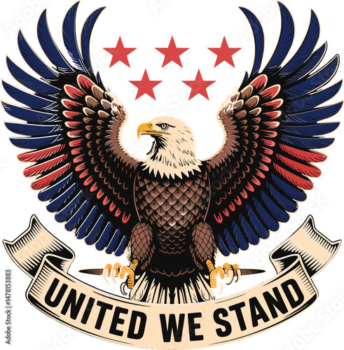 American bald eagle illustration with patriotic colors and united we stand phrase