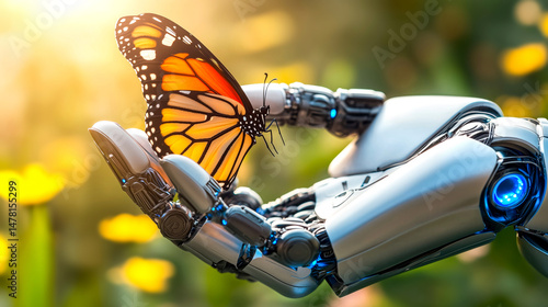 Robotic hand gently holding vibrant butterfly on a backdrop of colorful flowers. Concept of the ecology balance, interaction of nature and technology, harmony in a futuristic world. Banner, Close up