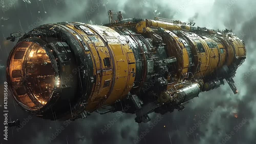 Long, cylindrical, yellow-and-black spaceship in space Long, cylindrical, yellow-and-black spaceship in space