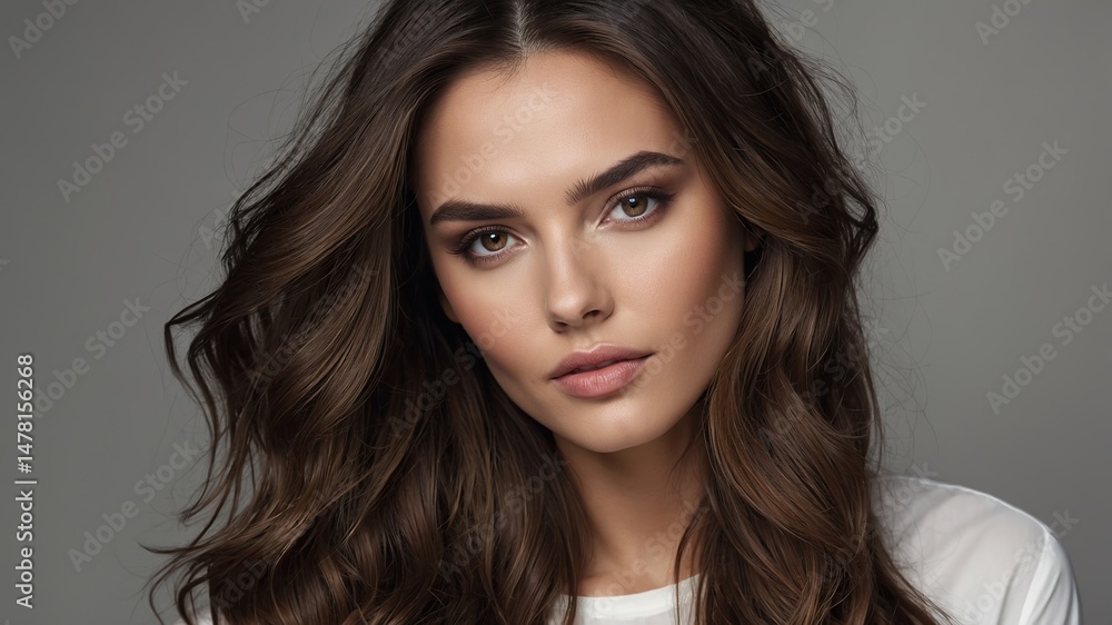 Retrato moderno de una mujer con expresión serena y cabello voluminoso, reflejando sofisticación y bienestar, perfecta para anuncios de productos de belleza y estilismo profesional Retrato moderno de una mujer con expresión serena y cabello voluminoso, reflejando sofisticación y bienestar, perfecta para anuncios de productos de belleza y estilismo profesional