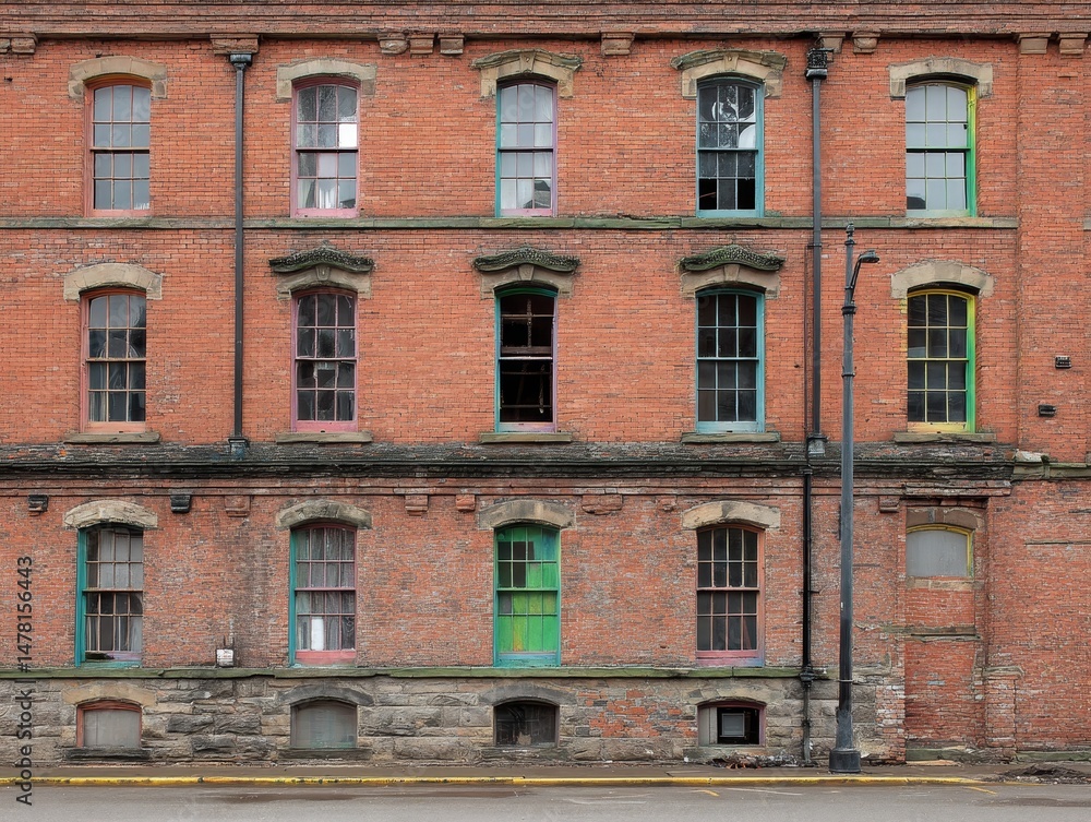 Obraz premium Historic Red Brick Factory Building Exterior with Urban Decay in a Big City