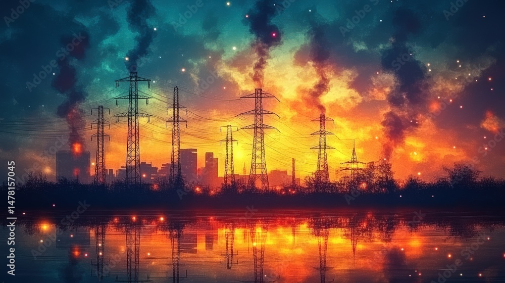 Fototapeta premium Vibrant sunset over urban landscape with power lines and smoky sky