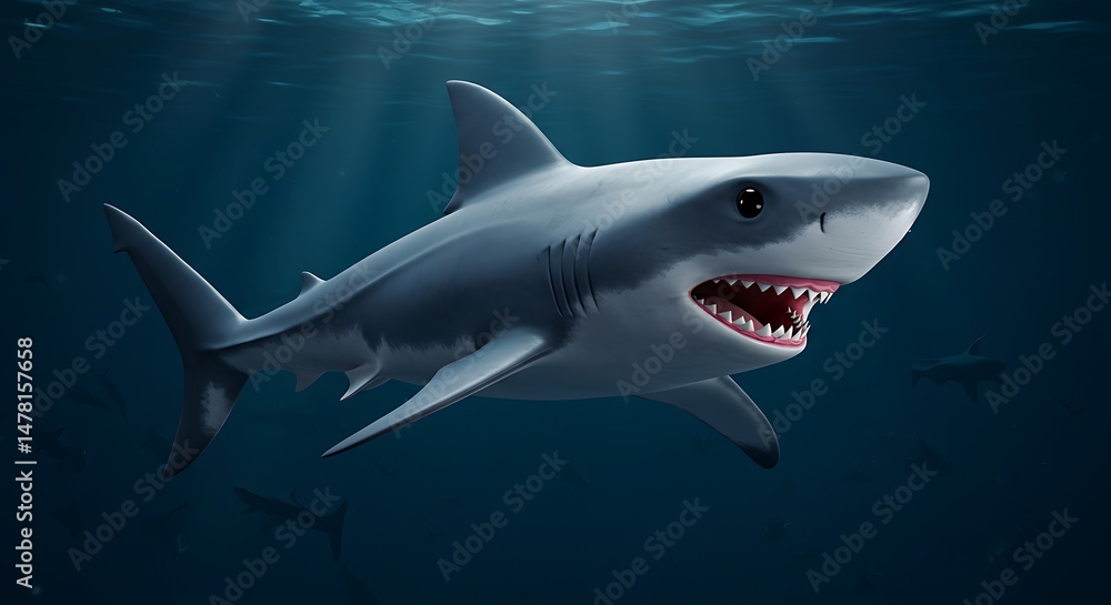 Fototapeta premium Shark Swimming Underwater with Sunlight Rays Coming Through the Surface