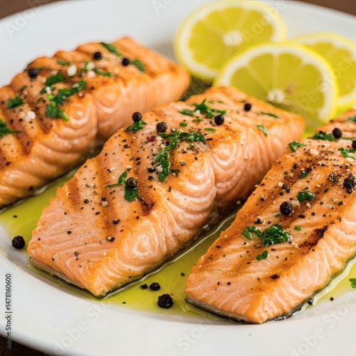 Close-up of perfectly grilled salmon fillets, served on a white plate with fresh lemon slices.