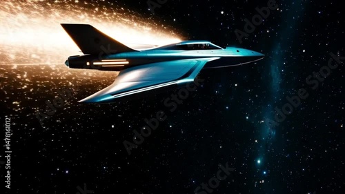 A futuristic blue spaceship flying through space with an orange light trail