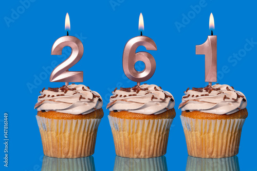 Birthday Cupcakes With Candles Lit Forming The Number 261.