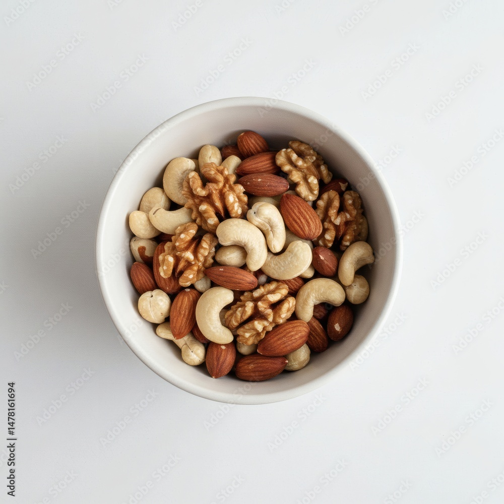 A top-down view of a ceramic bowl filled with a colorful assortment of various mixed nuts. A top-down view of a ceramic bowl filled with a colorful assortment of various mixed nuts.