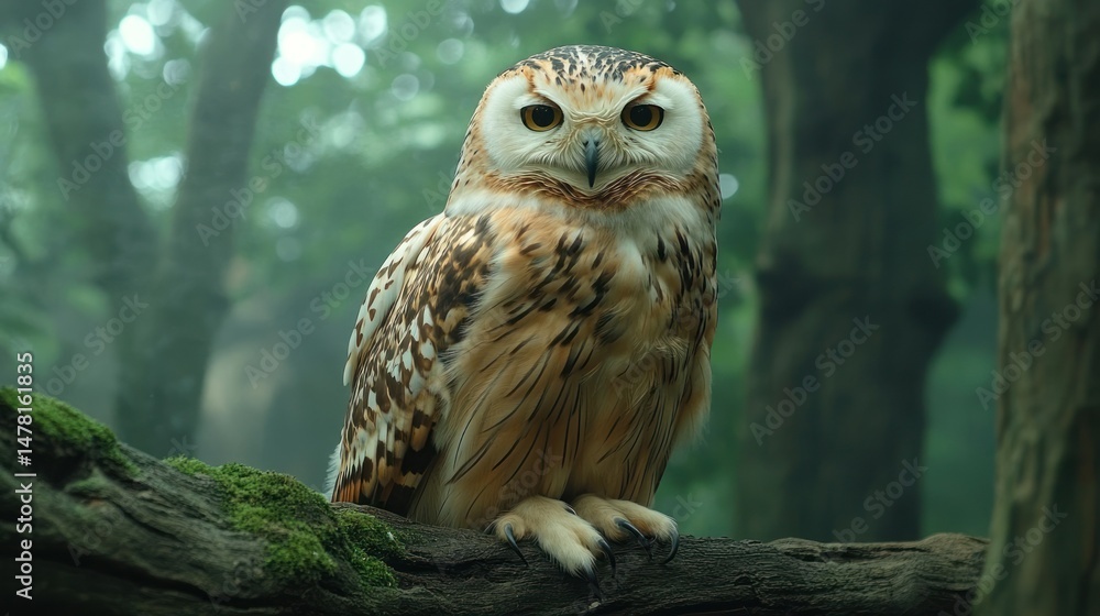 Fototapeta premium Owl perched on a log in a misty forest