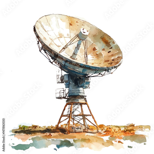 Radio Telescope, watercolor vector, isolated on a white background.