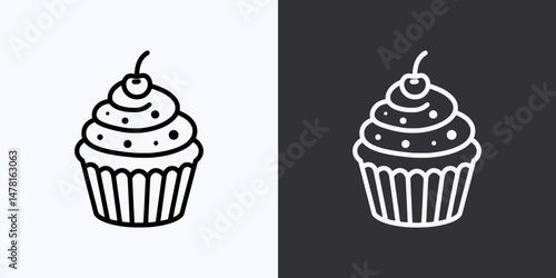 Cupcake Icon – Vector Outline – Black and White Preview