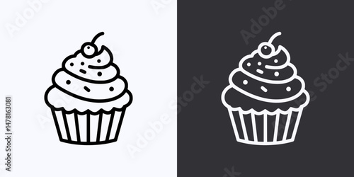 Cupcake Icon – Vector Outline – Black and White Preview