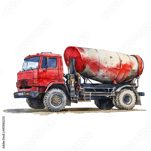 watercolor vector of Concrete Mixer Truck, isolated on a white background.