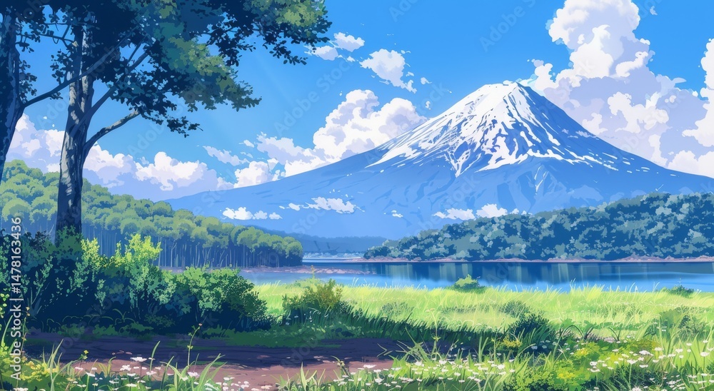 Fototapeta premium Landscape illustration anime style background, 