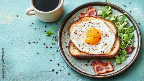 Wallpaper Mural A morning keto meal consisting of a fried sunny-side egg, bacon, and toast, served alongside coffee, captured from a top view with copy space Torontodigital.ca