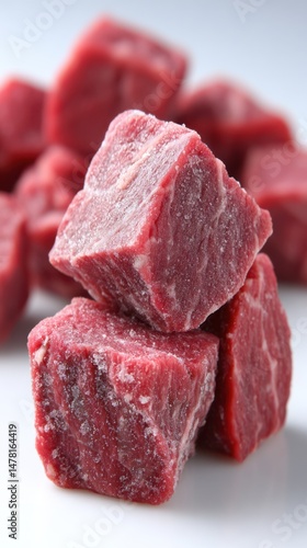 Chilled Beef Cubes Stack Frozen Meat Blocks Raw Red Steaks Close Up Preparation Culinary Ingredients
