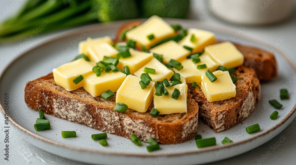 The table setting is highlighted in a close-up shot, with toasted bread seasoned with garlic and herbs as the main feature The table setting is highlighted in a close-up shot, with toasted bread seasoned with garlic and herbs as the main feature