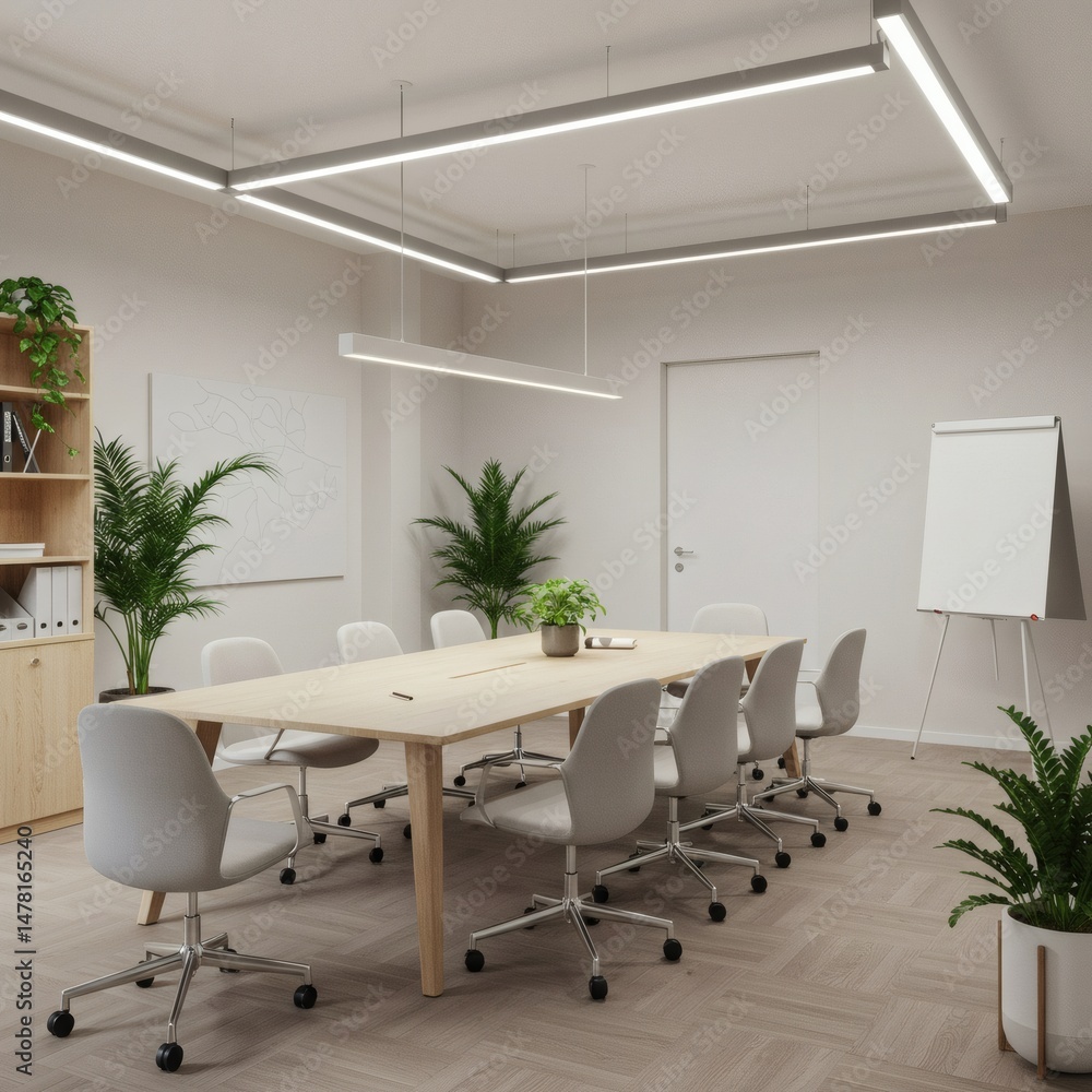 Fototapeta premium A bright, modern conference room set up for a meeting or presentation, with wooden table.