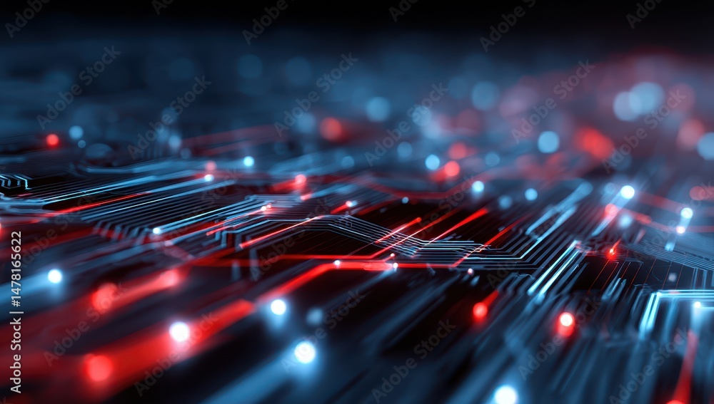 Abstract Circuit Board with Red and Blue Glowing Lines Abstract Circuit Board with Red and Blue Glowing Lines
