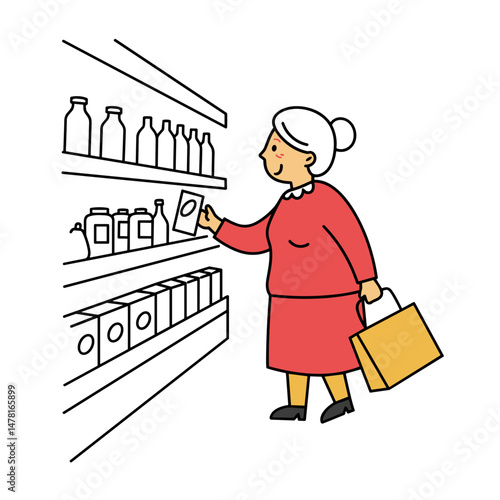 Elderly woman shopping for groceries in a supermarket aisle  