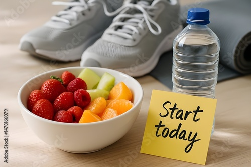 Healthy lifestyle motivation with fruits, fitness gear and water bottle, start today message. Clean eating and fitness concept with motivational note. A reminder to start today. Fitness. Sport. Diet
