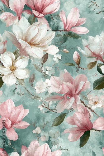 Seamless modern floral pattern with watercolor magnolia and camellia flowers in blush pink and creamy white on jade green background  
