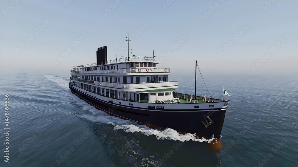 A large riverboat, sleek and modern design, moving swiftly through calm water. Decks and cabins are visible A large riverboat, sleek and modern design, moving swiftly through calm water. Decks and cabins are visible