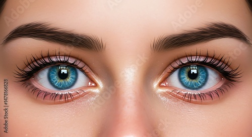 Woman's Face with Striking Blue Eyes and Long Lashes Looking Directly at Camera