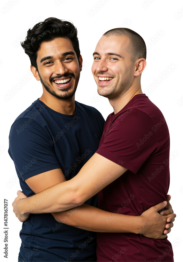 Obraz premium Happy young interracial gay couple, an Indian man and a Caucasian man, embracing and smiling warmly at the camera in a studio portrait against a transparent background, expressing love and joy.