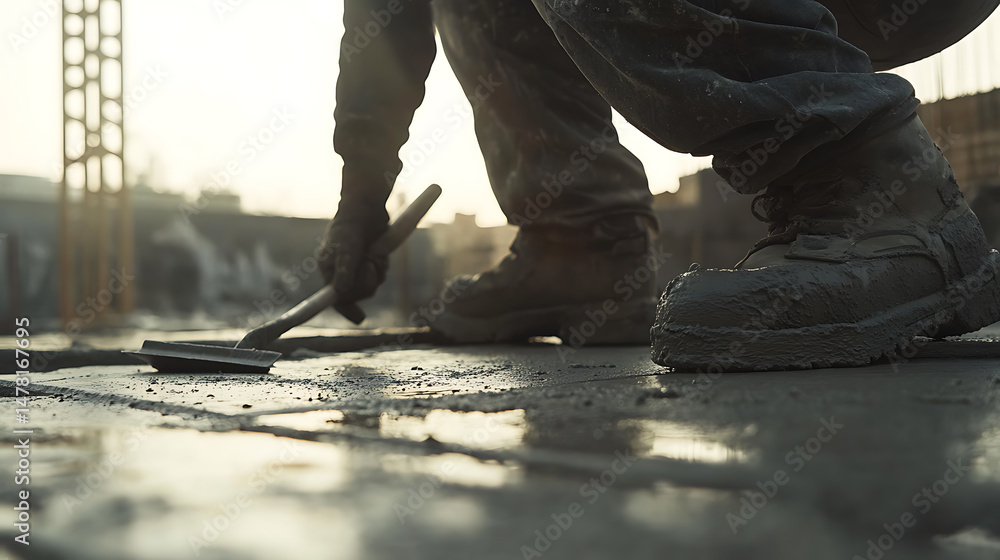 Fototapeta premium Construction Worker Smoothing Concrete on Site