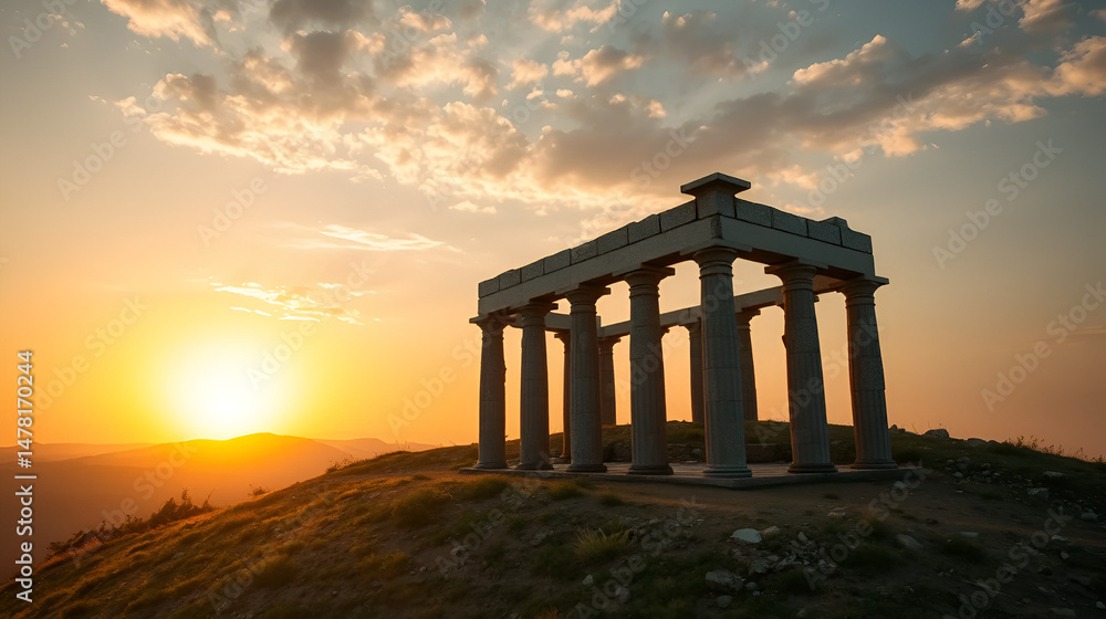 Fototapeta premium The ruins of an ancient temple stand on a hill on a sunset 4k