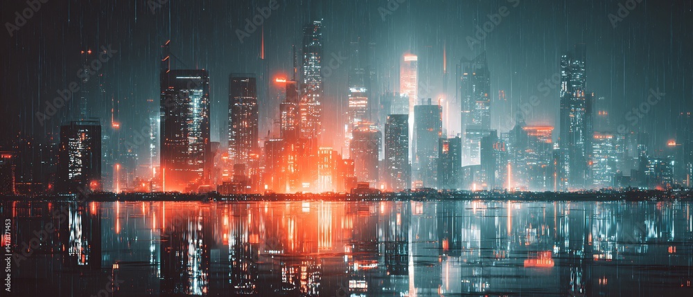 Obraz premium Cyberpunk cityscape reflecting on water during rainfall at twilight time