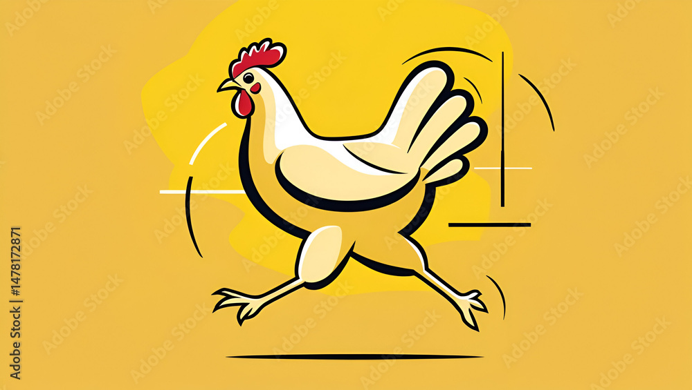 Obraz premium Energetic hen running fast joyful yellow background cheerful illustration perfect for farms poultry business branding