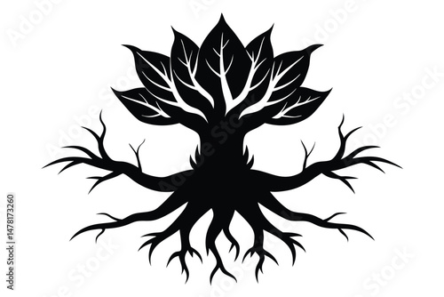 Silhouette Illustration of Fantasy Style Tree with Extensive Roots and Leafy Crown