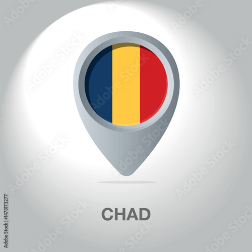 Free Download Vector illustration of the flag of the Republic of Chad inside the pin icon on the map. Symbolic location marker with the national colors of Chad (blue, yellow, red) on a white background. - GFXLoad