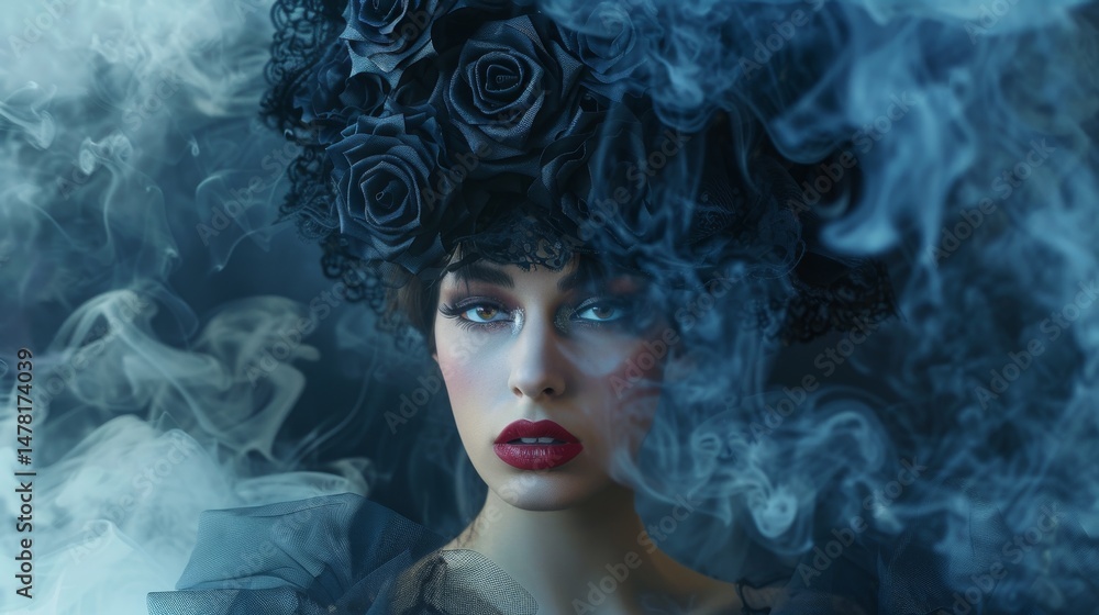 Woman Surrounded by Mystical Smoke Clouds in a Dreamlike Atmosphere Woman Surrounded by Mystical Smoke Clouds in a Dreamlike Atmosphere