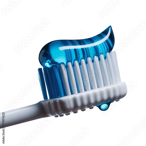 Close up shot of blue toothpaste on a white toothbrush with a black background in a studio setting