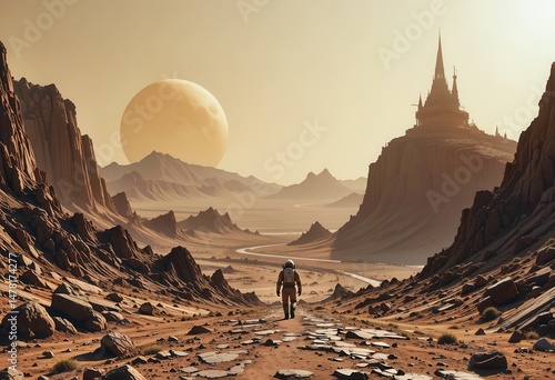 Astronaut explores alien landscape with distant castle and large planet