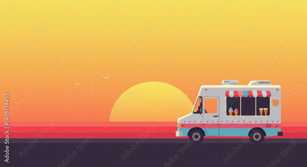Fototapeta premium ce cream truck silhouette against gradient sunset background. Minimalist illustration with white truck and orange horizon. Summer treat. Flat design with warm color palette. Food truck business theme