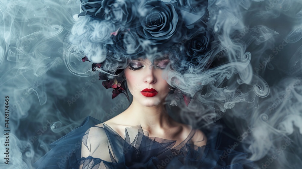 Woman Surrounded by Mystical Smoke Clouds in a Dreamlike Atmosphere Woman Surrounded by Mystical Smoke Clouds in a Dreamlike Atmosphere