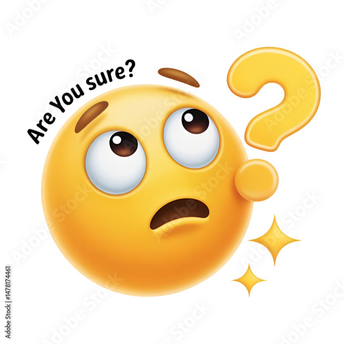 A confused emoji with a question mark and stars on a black background in a digital illustration