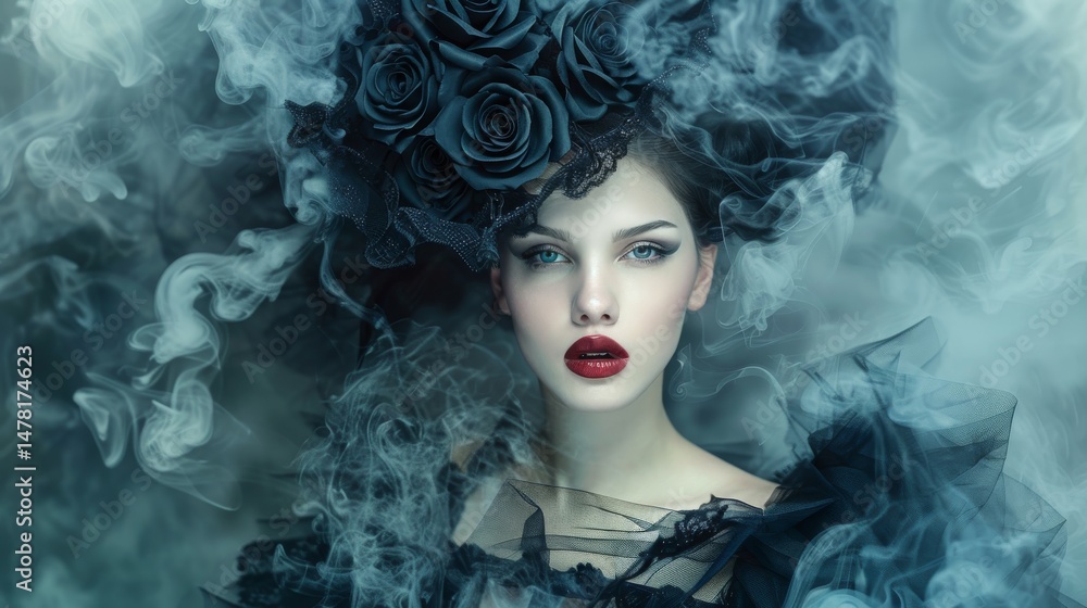 Fototapeta premium Woman Surrounded by Mystical Smoke Clouds in a Dreamlike Atmosphere
