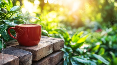 Morning Brew in Serenity: A steaming cup of coffee in a red mug, sits upon an aged brick structure amid lush greenery, kissed by the warm glow of the sun. It's a perfect moment of stillness.