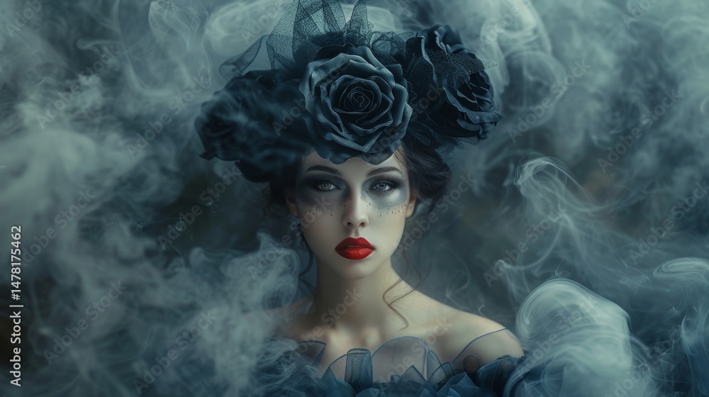 Woman with bold makeup surrounded by colorful smoke in an artistic atmosphere at night Woman with bold makeup surrounded by colorful smoke in an artistic atmosphere at night
