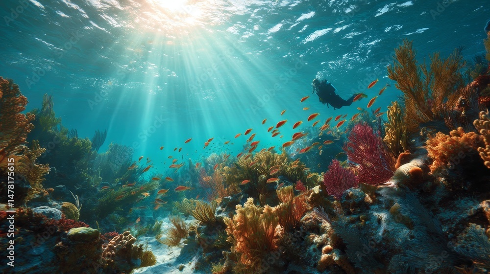 Vibrant underwater coral reef scene with scuba diver and tropical fish Vibrant underwater coral reef scene with scuba diver and tropical fish