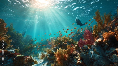 Wallpaper Mural Vibrant underwater coral reef scene with scuba diver and tropical fish Torontodigital.ca