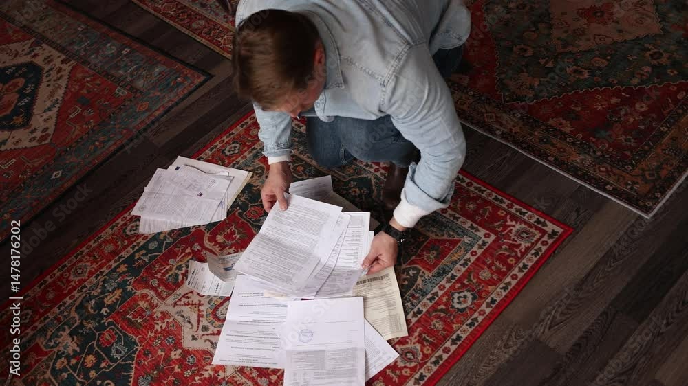 A journalist or detective is looking for clues, a man is sorting through a stack of papers while sitting on the floor, he is laying out sheets of text in search of the right, cinematic image. A man in